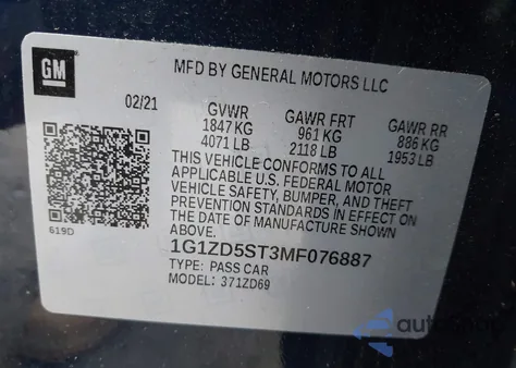 2021 Chevrolet Malibu Fwd Lt из США, поврежденный, VIN 1G1ZD5ST3MF076887
